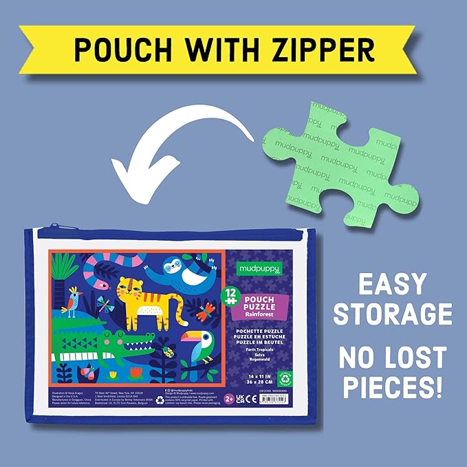 Mudpuppy Rainforest – 12 Piece Puzzle with Reusable Zipper Pouch Featuring Colorful and Fun Illustrations of Jungle Animals Perfect for Easy Storage and Travel