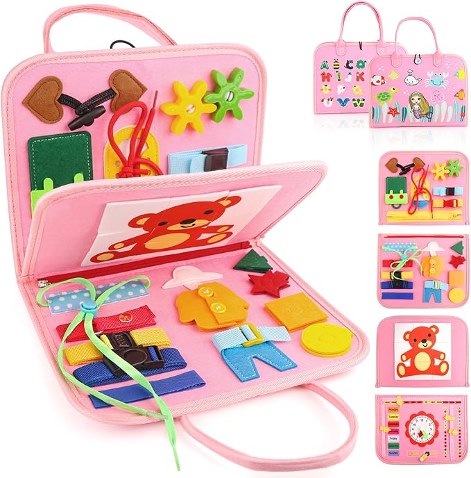 Toddler Busy Board, Montessori Sensory Toys for Boys, 1-4 Year Old Girl Toddler Travel Toys, Educational Learning Activities Board for Motor Skills, Birthday Gifts for Airplane Car, Pink