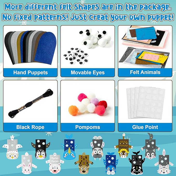 WATINC 12 Pcs Hand Puppet Making Kit, Art Craft Felt Sock Puppet Toys, Creative DIY Make Your Own Pompoms Wiggle Googly Eyes Storytelling Role Play Party Supplies Gift for Girls Boys (Polar Animals)