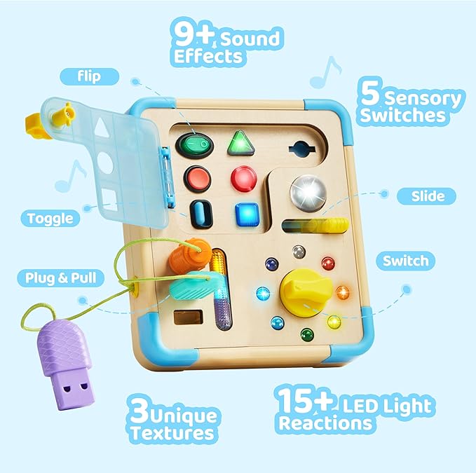 Electronic Busy Board – Montessori Learning Toddler Toy, 15 LED Lights & 9 Sound Effects, 5 Interactive Switches & Plugs, Sensory, Fidget, Travel Activities, Early Development, Baby Toys Age 18M+ Old
