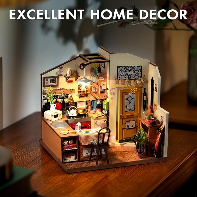 ROBOTIME Miniature House Kit DIY Mini Dollhouse with Furniture Tiny Room Kit with LED Light Hobby Wooden Craft Diorama Gift for Adults (Cozy Kitchen)