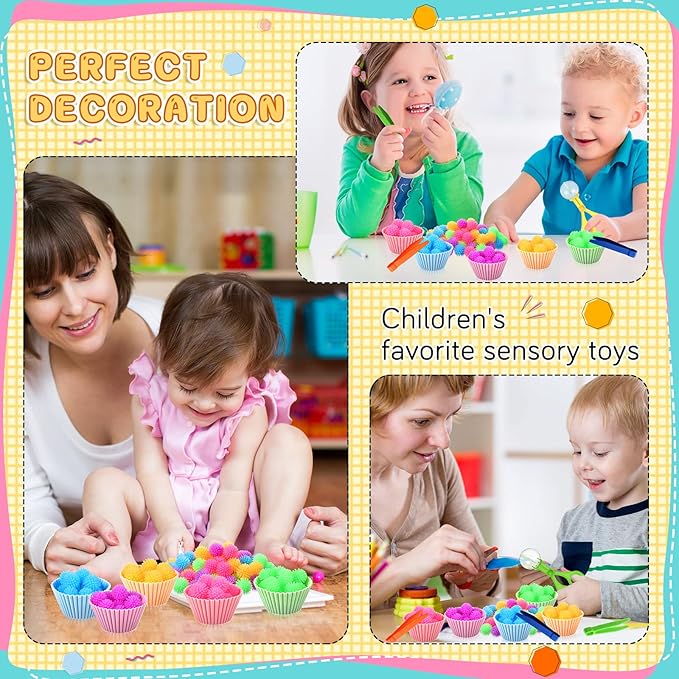 91 Pcs Fine Motor Skill Toys Include 75 Spiky Hedge Balls, 2 Scissors Clips, 4 Plastic Tweezers, 10 Assorted Colors Sorting Silicone Cups for Early Education Counting Skill Training