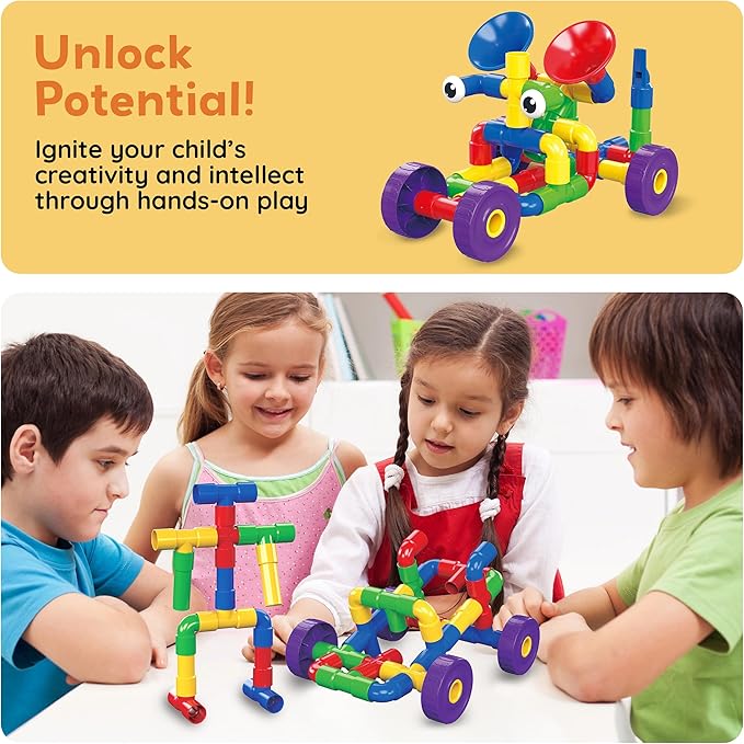 PicassoTiles PTT136 136pcs Tubular Pipes & Spout STEAM Interlocking Educational Building Block Set, Tube Locks, Pipeworks Construction Blocks w/Storage Container Box, Idea Book, Flute Musical Kit