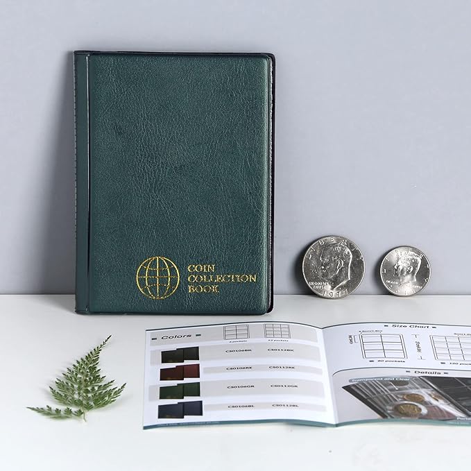 Coin Collection Album 60 Pockets - 4.5x4.5cm/1.8x1.8 inch Coin Holder Book Coin Storage Album Money Penny Pocket for Collectors Green CS0106GR