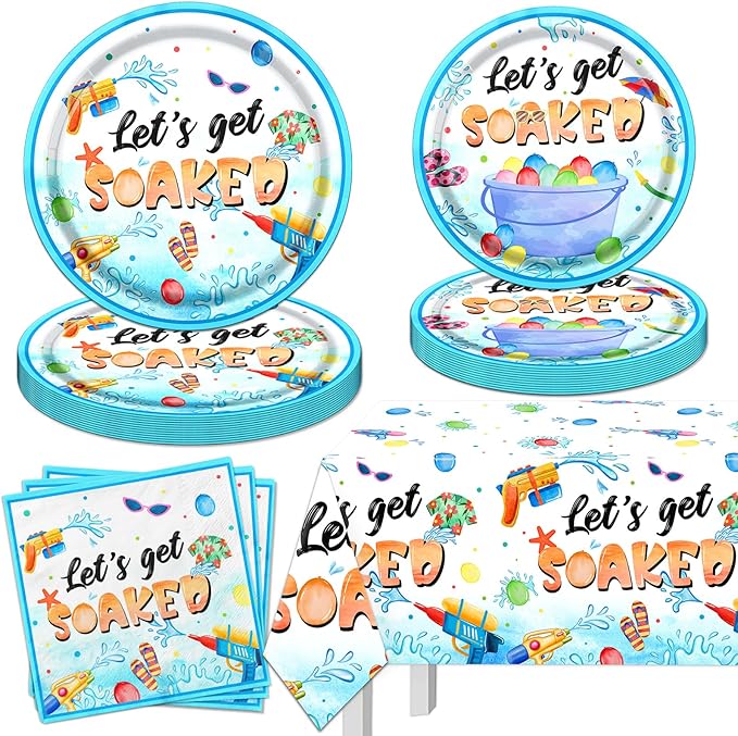 Summer Party Decorations,Pool Party Supplies Tableware Set,Let's Get Soaked Water Gun Pool Party Include Dinner Plates,Napkins,Tablecloth,for Summer Beach Kids' Birthday Hawaiian Decorations