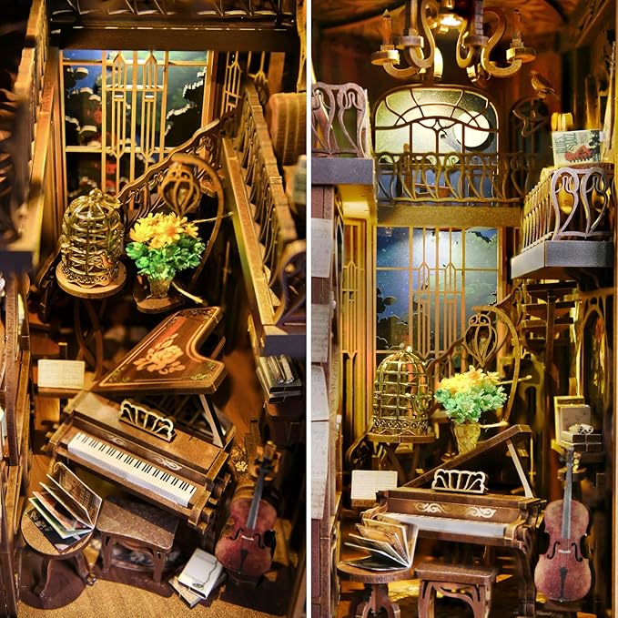 DIY Book Nook Kit, Miniature Dollhouse Booknook Kit, 3D Wooden Puzzle Bookend Bookshelf Insert Decor with LED Light for Teens and Adults (Pianist with Nightingale)