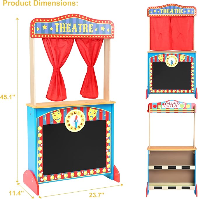 Deluxe Wooden Puppet Theater with Curtains, Blackboard and Clock, Double-Sided Play Store 3-8Y & Kid Puppet Show Theater with 2 Hand Puppets and 4 Finger Puppets for Toddlers 3+