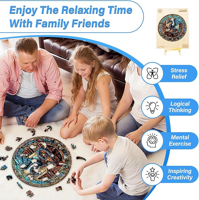 WOODBESTS Wooden Puzzles for Adults (200 Piece, M, 11.4"x11.4") Dragon's Library Wood Puzzle Adult, Unique Wooden Animal Jigsaw Puzzles, Family Game and Birthday Gifts for Friend