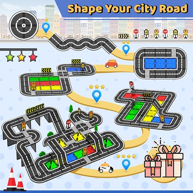 Magnetic Tiles - Road Set, Magnetic Building Blocks, Preschool Montessori Toys Gift for 3+ Year Old Boys and Girls, Sensory Travel Toys for Kids Aged 3-5 and 4-8, Ideas for Toddler with Autism