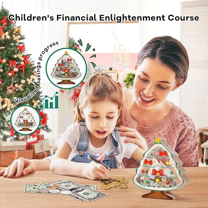 Wooden Christmas Piggy Bank for Kids, Christmas Tree Piggy Bank with Acrylic Panels, Unbreakable Toddler Money Box for Boys Girls, DIY Safe Coin Bank with Letter Sticker, Christmas, Birthday Gift