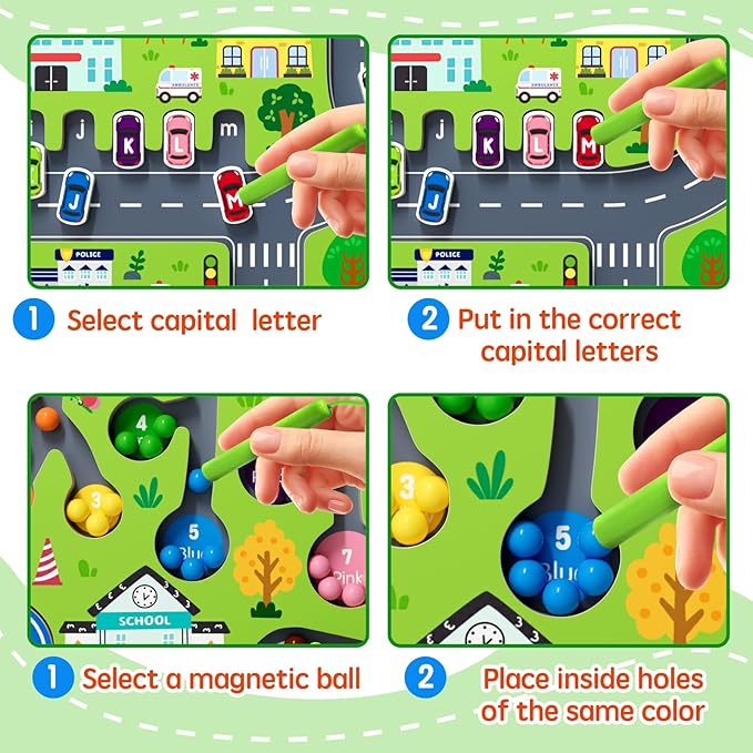 2 in 1 Magnetic Color and Number Maze Magnet Alphabet Counting Double Sided Board Wood Puzzle Fine Motor Skills Montessori Preschool Toys Gifts for Boys and Girls 3-5 Age (Big Car, One Size)