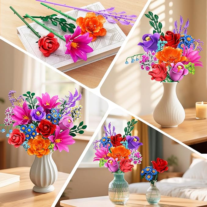 Flowers Bouquet Building Set with LED Light, 21 Flower Botanical Collection Building Block Toy, Rose Lily Plants Home Office Decor 1054PCS, for Her Adults Women Kids Girls 12+ (RED)