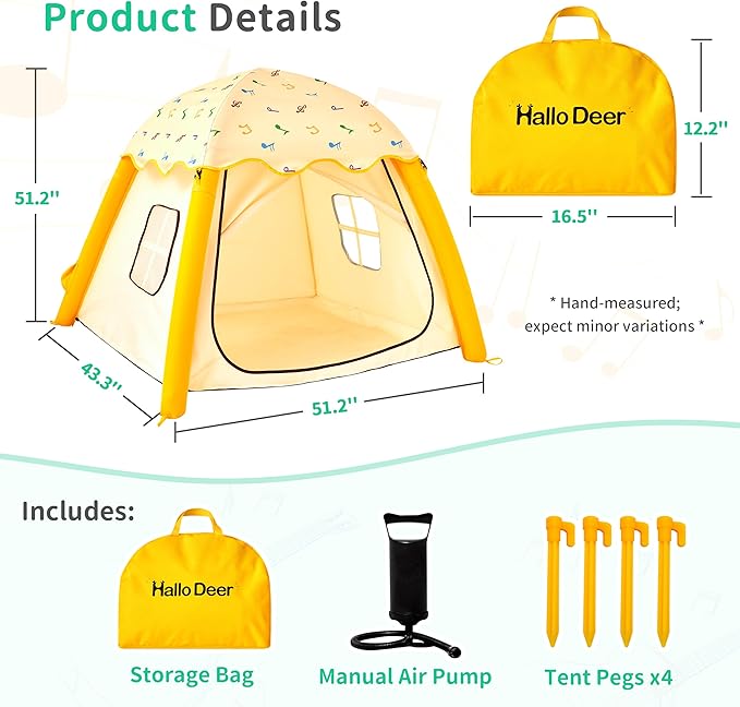 HalloDeer Kids Play Tent with Star Lights, Inflatable Toddler Tent Dome for Boys & Girls, Indoor Kids Tents, Portable for Outdoor, 51x51x43 in, Yellow