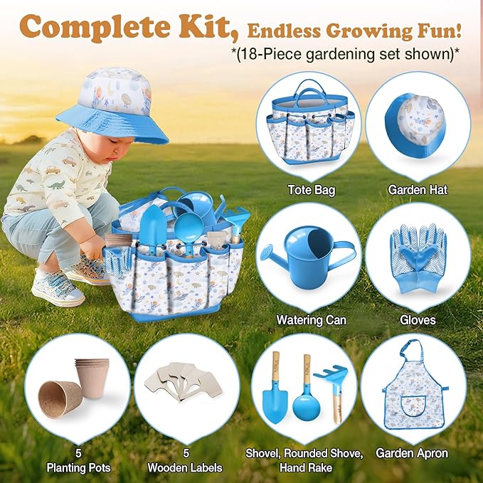 Kids Gardening Tool Set 18PCS Kids Toddler Gardening Set Includes Tote Bag Watering Can Apron Hat Rake Shovel Spoon Gloves Plant Pots and Labels, Outdoor Toys Gift for Boys Girls (Blue)