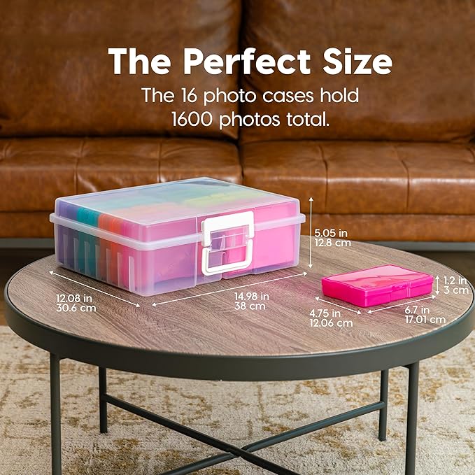 IRIS USA 4" x 6" Photo Storage Box Craft Keeper, Transparent Handle Container with 16 Organization Holder Cases for Pictures, Tasks, Scrapbooking, Stationery Storage, Multi-Color/Clear