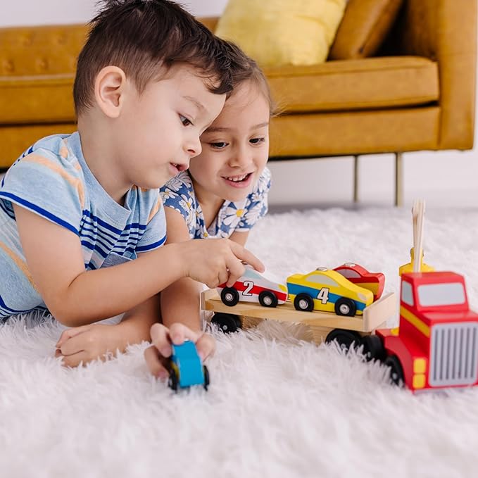 Melissa & Doug Magnetic Car Loader Wooden Toy Set with 4 Cars and 1 Semi-Trailer Truck Crane Wooden Toy, Vehicle Toys for Kids Ages 3+
