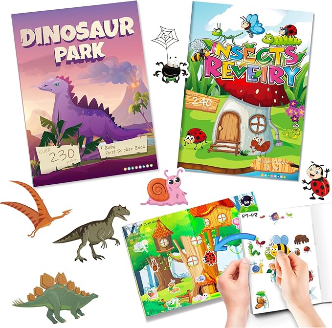 Sticker Book for Kids, 230+ Dinosaur & 240+ Insect Stickers & 16 Scenes, Reusable Activity Sheet, Seek and Find Sticker Coloring Pad, for Boys Girls Toddlers Ages 2-4 4-8 Years Old 3-5 6-7