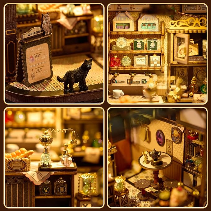 DIY Miniature House Kit - Coffee Shop Wooden Dollhouse Kit with LED Lights -Mini House Making Kit with Furniture - Tiny House kit for Adults to Build - Miniature Kits Craft Gift