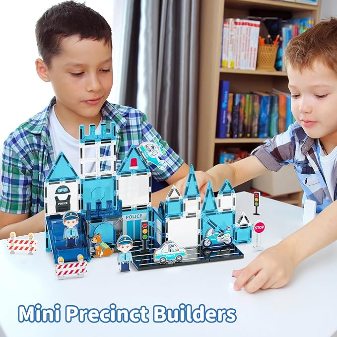 Police Theme Magnetic Tiles (42PCS),STEM Toys with Police Car & Helicopter, Preschool Learning Building Set for Ages 3-8, for Boys Girls(Dog, Traffic Light)