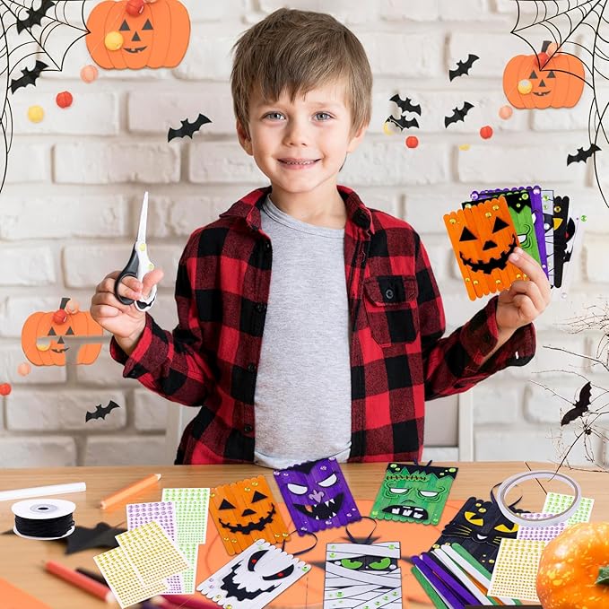 NRWRTY 25 Sets Halloween Crafts Kits,Arts and Crafts with DIY Ghost Pumpkin Felt Stickers Craft Sticks for Halloween Party Favors