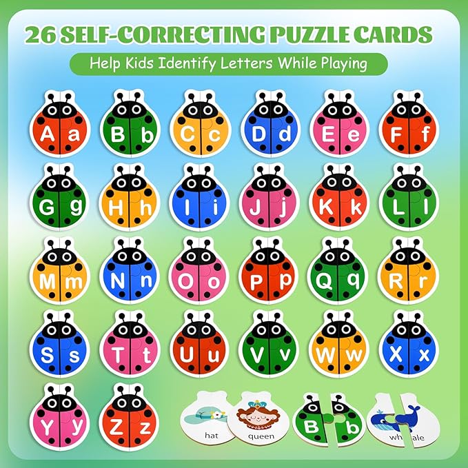 Ladybug Self Correcting Alphabet Puzzle: Letter Matching Games for Toddlers 3-5, 52pcs Double-Sided Montessori ABC Puzzles Cards Preschool Learning Activities Educational Toy Gift for Kids