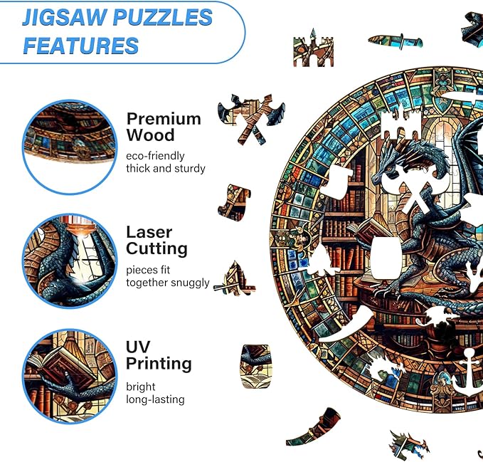WOODBESTS Wooden Puzzles for Adults (100 Piece, S, 8.5"x8.5") Dragon's Library Wood Puzzle Adult, Unique Wooden Animal Jigsaw Puzzles, Family Game and Birthday Gifts for Friend
