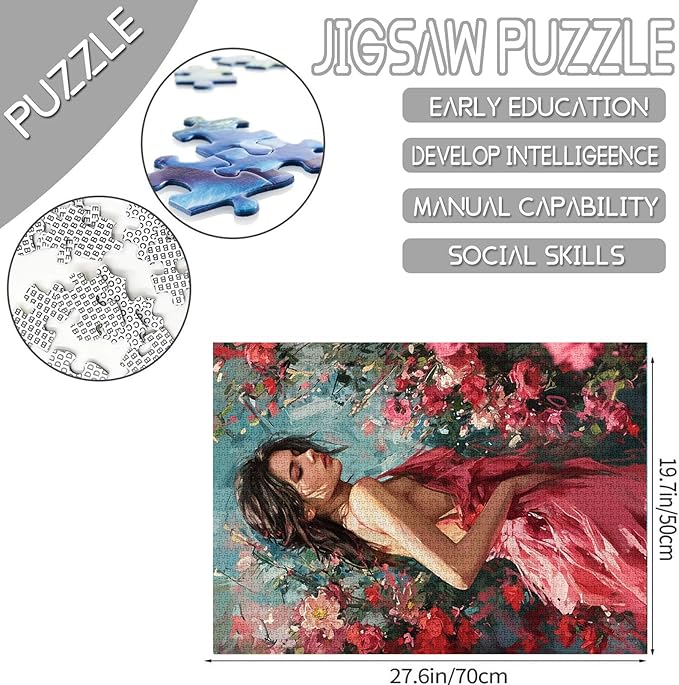 Pink Dress Women Puzzles for Adults 1000 Pieces Beautiful Girl 1000 Piece Jigsaw Puzzle - Pretty Girl Colorful Flowers Romantic Garden Puzzles Art Family Game, Adult Birthday Puzzle