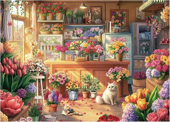 Flower Colorful Shop Puzzle 1000 Pieces for Adults, Spring Floral Plant Cabin Jigsaw Puzzle, Vintage Garden Cat Nature Puzzles