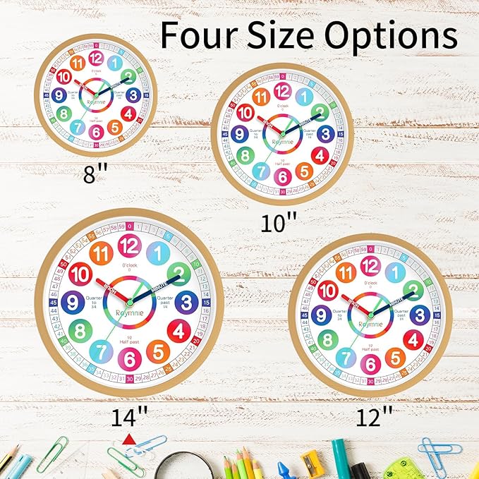 Wall Clock for Kids Learning - Teaching Time Wall Clocks Battery Operated Silent Non Ticking - Analog Colorful Clock Decorative for Kids Room Classroom School(14 Inch)