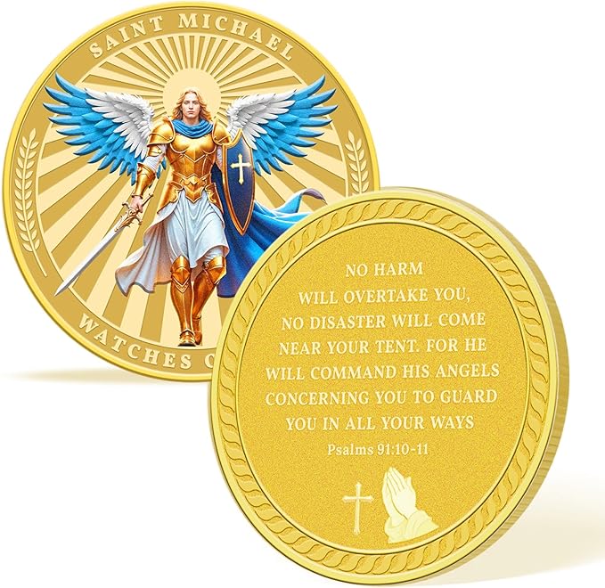 Saint Michael Watches Over Us Challenge Coin – Zinc Alloy Commemorative Coin – 3D Engraved Pocket Token Medallion for Collectors – Veterans Law Enforcement Military Police First Responder Gift