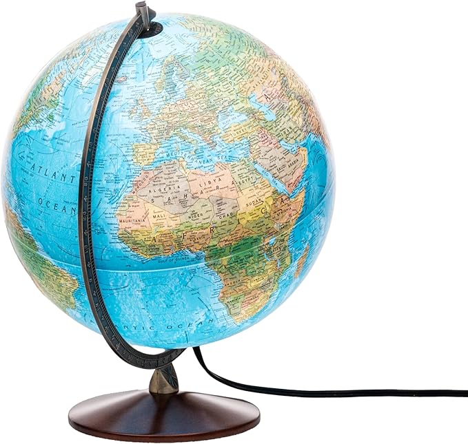 Replogle Illuminated World Globe with Stand, 12 Inch diamteter light up globe with 3-D Raised Relief Texture. Perfect for Children And Kid's Classroom and home Decor, Made In USA