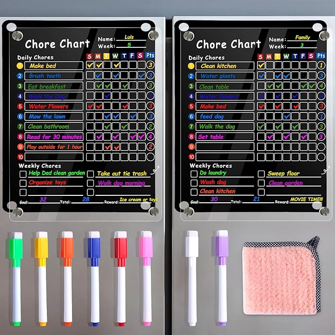 2Pcs Acrylic Magnetic Chore Chart for Kids & Adults, 12"x9.5" Clear Dry Erase Reward Board - Behavior and Responsibility Refrigerator Chart for at Home Multiple Kids, Teens(w/ 8 Markers & Towel)