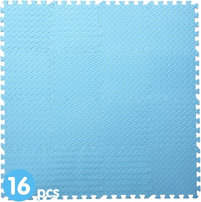 Coolcandy EVA Foam Play Mat, 16 Tiles Colorful Baby Play Mat, Square Kids Playmat with Solid Colored, 0.4" Thickened Interlocking Foam Floor Tiles, Puzzle Play Mat For Baby Lying, Playing (Light Blue)