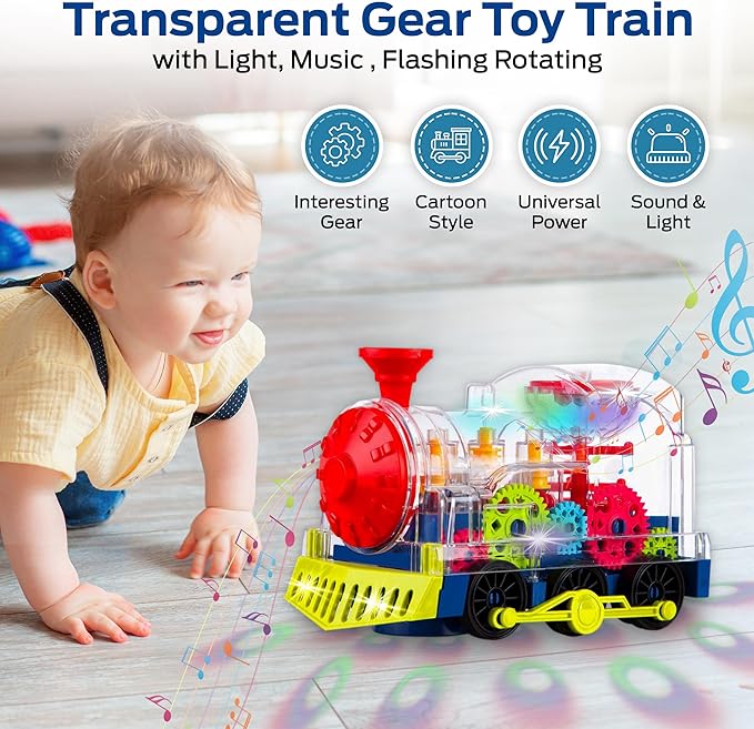 Light up Baby Train Toy - Transparent Gear Musical Train with LED Lights & Music - Educational Sensory Crawling Toys for Infants and Toddlers for Boys & Girls