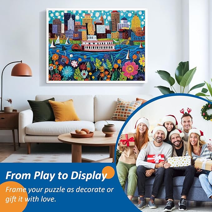 300 Pieces Puzzles for Adult,Riverboat Scene Puzzle for Kids Teen Adults,Interlock Perfectly Letter on Back,Folk Art Design Jigsaw Puzzle for Kids Ages 8-10,Puzzle for Family Game Nights,20.5 x 15 in