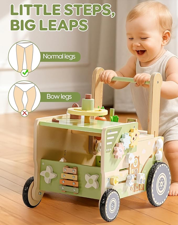 ROBOTIME Wooden Baby Walker Push Toy for Toddlers, Baby Push Walker with Wheels, Farm-Themed Activity Center for Girls & Boys, Adjustable Speed Walker for Baby Learning to Walk