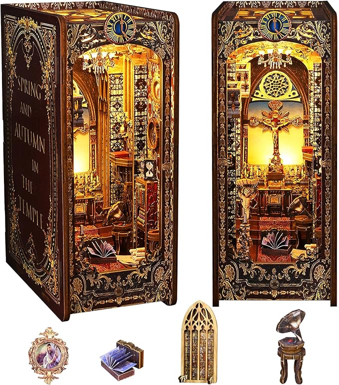 Spobot Book Nook Kit DIY Bookshelf Decor Kit with LED Light 3D Booknook Wooden Puzzle Bookend Stand Miniature Dollhouse Kit Gifts for Adults (Covenant Church)