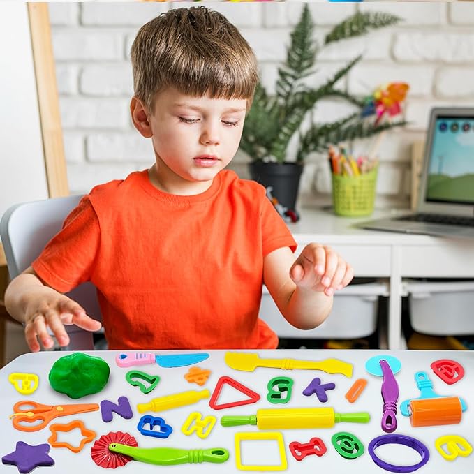 Dough Tools 55 PCS Dough Play Tools Set for Kids, Plastic Alphabet Numbers Shapes Cutters, Rollers, Scissors