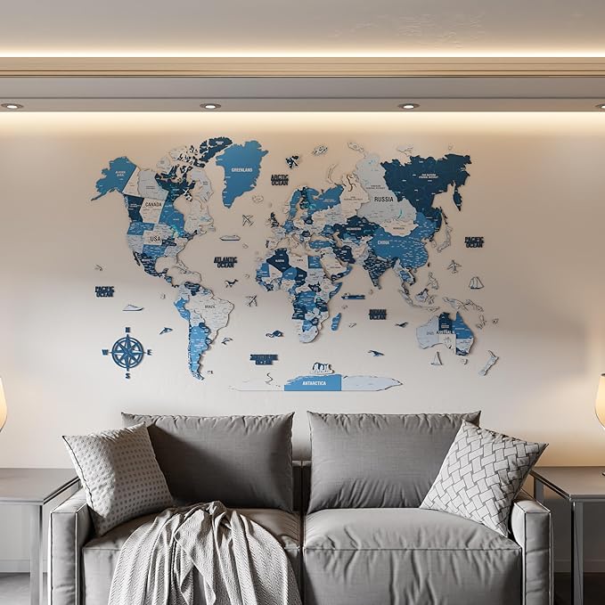 Colorfull Worlds 3D Wooden World Map Wall Art - Premium Multicolored World Travel Map for Wall Decor with Push Pins- Ideal Housewarming Gift & Travel Tracker (XLarge, Navy)