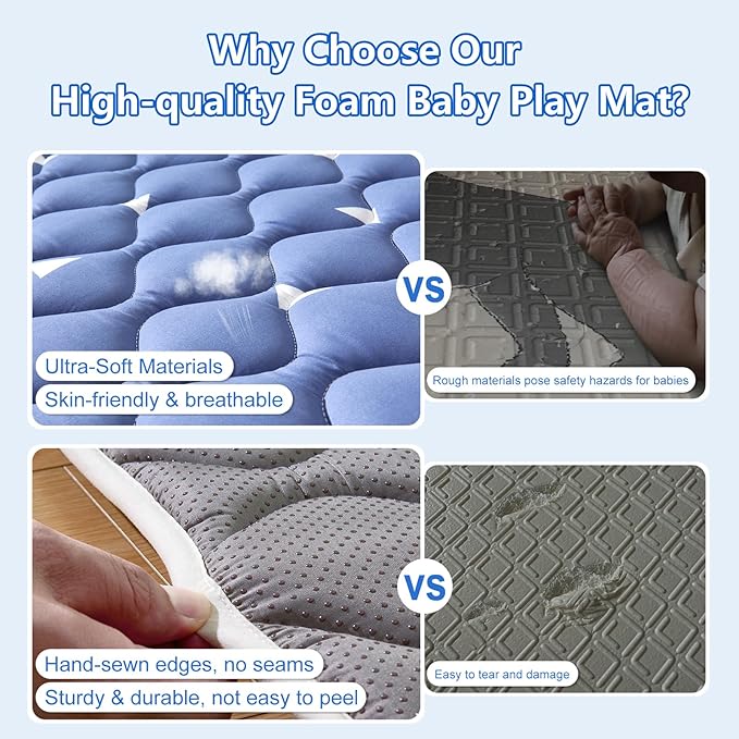 Baby Play Mat, 59x59 Inch Thicker and Larger Non-Slip Cushioning Foam Playmats for Babies,Toddlers, Infants, Play & Tummy Time, Foldable and Machine Washable Baby Mat for Floor