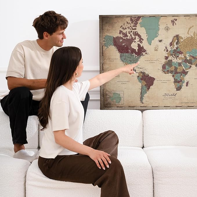 Canvas World Map with Cork Pin Board - English Lettering - Decorative Wall Decoration for All Rooms - Canvas Pictures with World Map Motif (90x60 cm, Pattern 12)