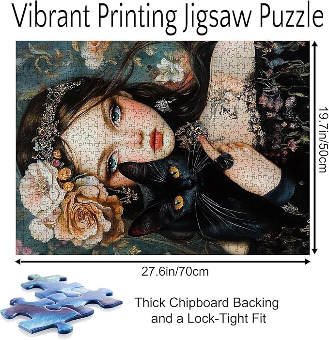 Beautiful Woman 1000 Piece Jigsaw Puzzle for Adults Black Cat Puzzles Art Gifts Classic Elegant Figure Challenging Puzzle Perfect for Game Pary Events