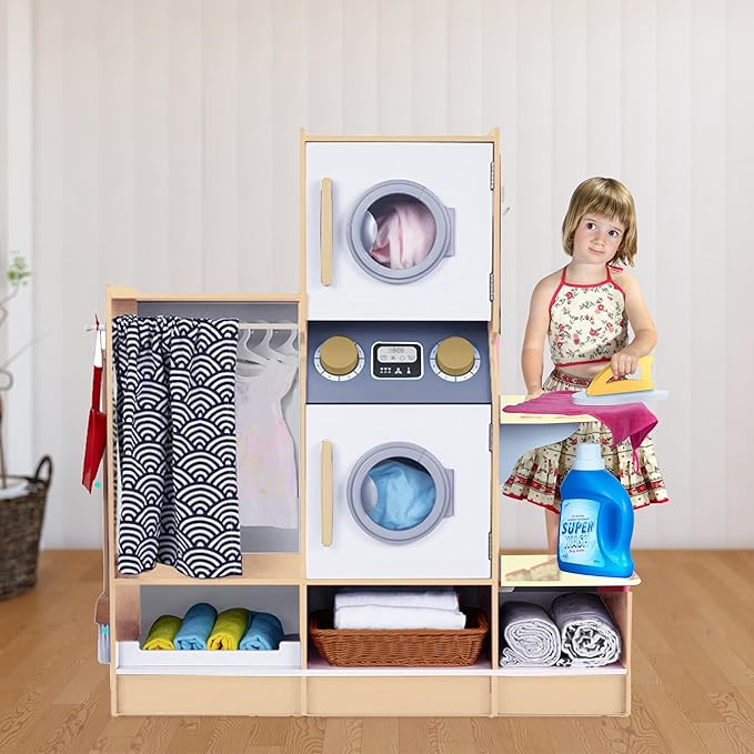 Lil’ Jumbl Kids Washer and Dryer Playset, Wooden Children's Pretend Laundry Set, Includes Broom, Dustpan, Iron, Hangers & Basket, Realistic Laundry Room for Kids - Natural