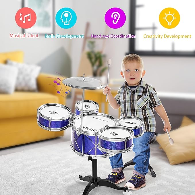 Tinylife Kids Drum Set, Jazz Drum Kit 5 Drums with Cymbals, Sticks, Throne for Toddlers Little Rockstar Toy for Baby Boys Girls Gifts (Navy)