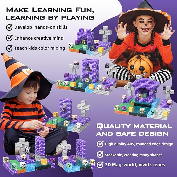 Magnetic Blocks Halloween Building Toys Gifts Construction Toys for 3 4 5 6 7 8 Year Old Boys & Girls, STEM Montessori Sensory Creative Kids Toys Halloween Party Favors