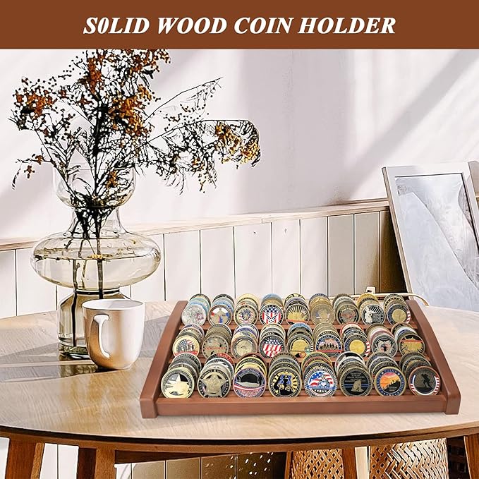 Challenge Coin Display Holder, 12 Rows Solid Wood Military Coin Stand Holds 80-100 Coins, Army Coin Display Rack for Desk (Walnut Finish)