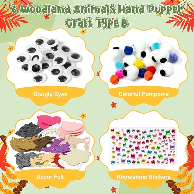 WATINC 6Pcs Hand Puppet Making Kit, Art Craft Felt Sock Puppet Toys, Creative DIY Make Your Own Pompoms Wiggle Googly Eyes Storytelling Role Play Party Supplies Gift for Girls Boys (Woodland B)