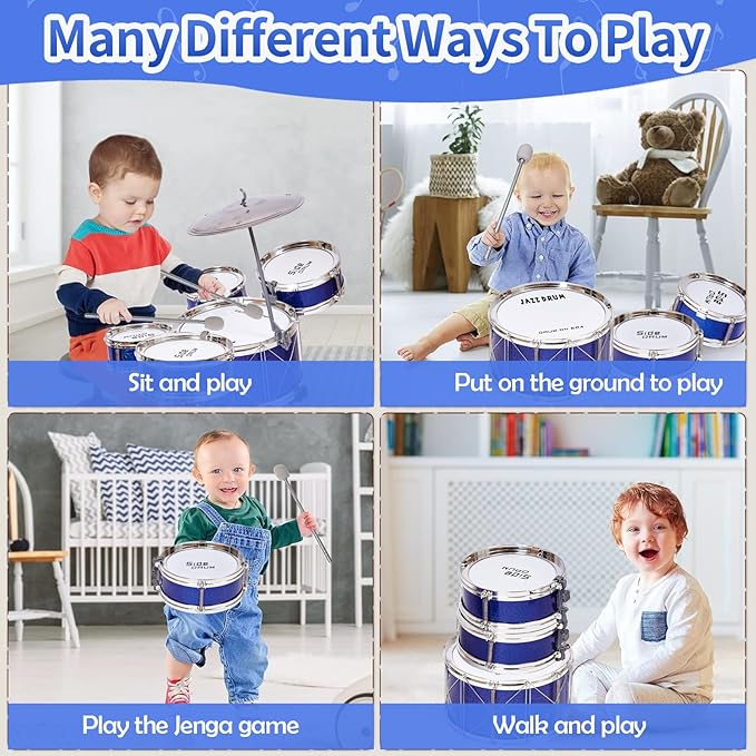 Tinylife Kids Drum Set, Jazz Drum Kit 5 Drums with Cymbals, Sticks, Throne for Toddlers Little Rockstar Toy for Baby Boys Girls Gifts (Navy)