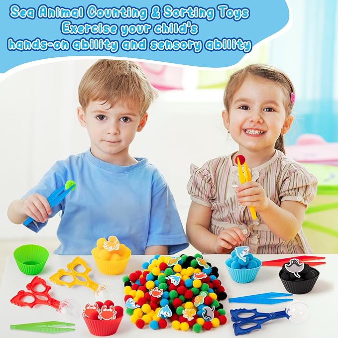 EZdhuawuse Summer Sensory Bin Fillers - 387Pcs Sea Ocean Animal Multi-Pack Fine Motor Toys Math Color Sorting Set for Multiple Kids, Felt Shark Crab Pom Poms Cup Clip for Preschool Education Training