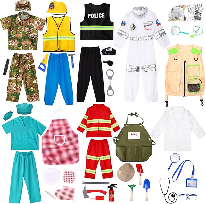 Vicenpal 10 Set Dress up Clothes for 3-8 Years Old Washable Construction Policeman Fireman Doctor Chef Gardener Explorer Scientist Soldier Astronaut Costumes for Boys and Girls Role Playing Activities